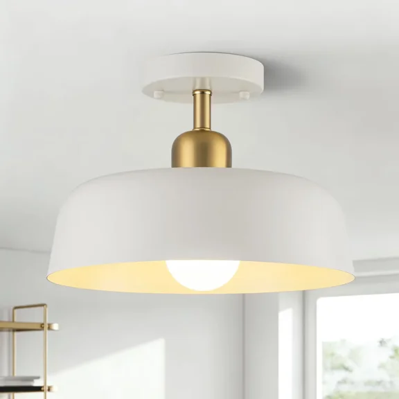 FTL Modern Semi Flush Mount Ceiling Light Fixture Milk White and Gold 12.6" Metal Accent Farmhouse Mid Century Close to Ceiling Light Fixtures for Kitchen Entryway Hallway Bedroom Laundry Room