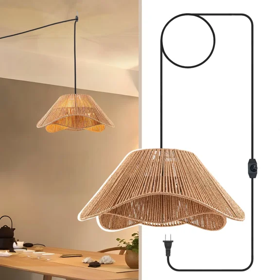 FTL Rattan Plug in Pendant Light for Ceiling Farmhouse Boho Woven Hanging Lights with Plug in Cord, Rustic Hanging Lamp with Dimmable Switch, Wicker Chandelier for Dining Room, Bedroom, 3-Light
