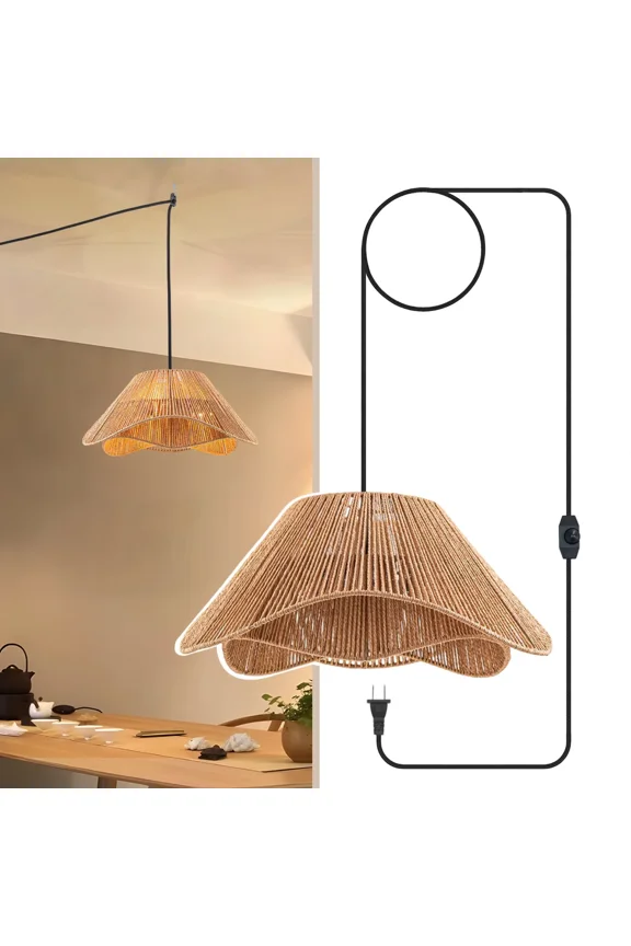 Rattan Plug in Pendant Light for Ceiling Farmhouse Boho Woven Hanging Lights with Plug in Cord, Rustic Hanging Lamp with Dimmable Switch, Wicker Chandelier for Dining Room, Bedroom, 3-Light