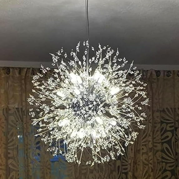 FTLLI 12-Light Modern Crystal Chandelier, Chrome Dandelion Firework Chandeliers, Hanging Pendant Lighting Fixture for Dining Room, Bedroom, Bathroom, Entryway, Foyer