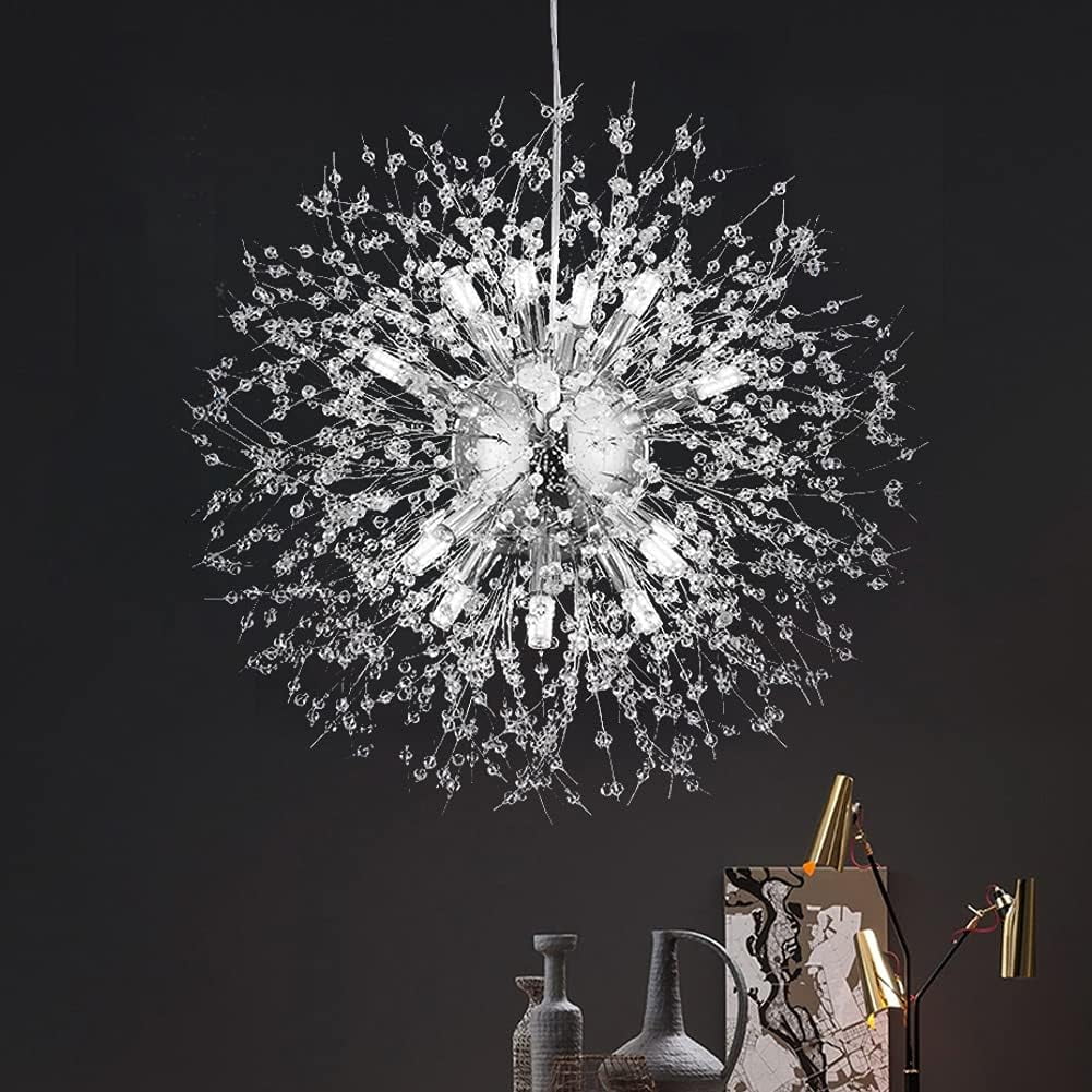 9-Light Modern Crystal Chandelier - Chrome Rectangle Firework Design, Dimmable, Adjustable Height For Dining Room & Kitchen Island