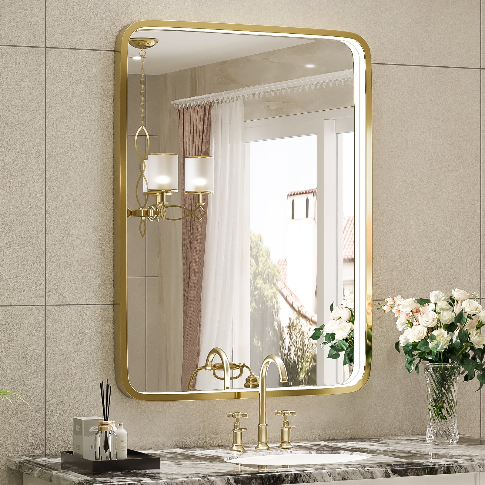 FTOTI 20X28 Inch Framed LED Lighted Bathroom Mirror,Wall Mounted Gold