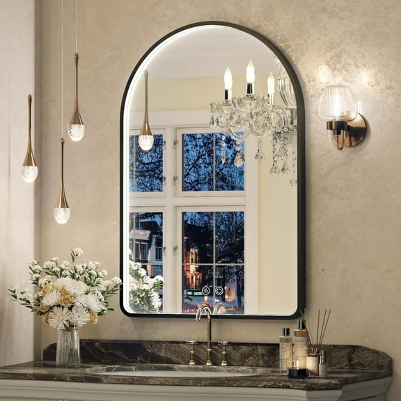 FTOTI 20x30 inch Arched LED Bathroom Mirror with Light - Black Metal Frame, Anti-Fog, Dimmable Touch, Wall Mounted,Memory Function