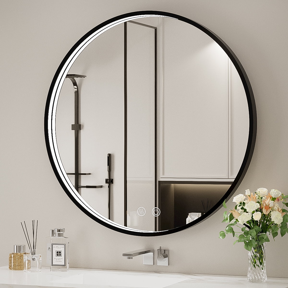 FTOTI 24 Inch Round LED Bathroom Mirror, Bathroom Vanity Mirror Black Metal Frame LED Lighted Mirror, Wall Mounted Circle with Lights, Anti-Fog & Dimmable Touch Switch, Waterproof IP54,90+ CRI