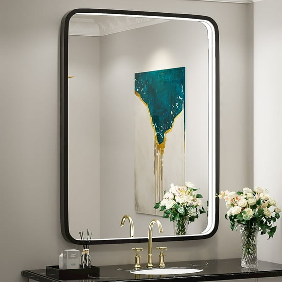 FTOTI 24x32 inch LED Bathroom Mirror - Anti-Fog, Dimmable, Black Metal Frame, Wall Mounted Vanity Mirror with Lights