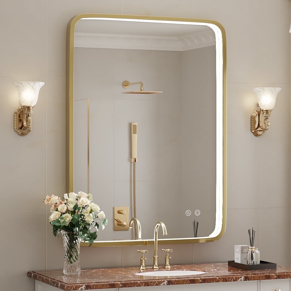 Basic Led Mirror FTOTI 24X32 Inch LED Bathroom Mirror with Lights,Gold Framed Wall ...