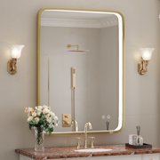 FTOTI 24X32 inch LED Bathroom Mirror with Lights,Gold Framed Wall Mounted Lighted Vanity Mirrors,Anti Fog Design&Dimmable&Touch Switch,Light up Mirror for Housewarming Gift