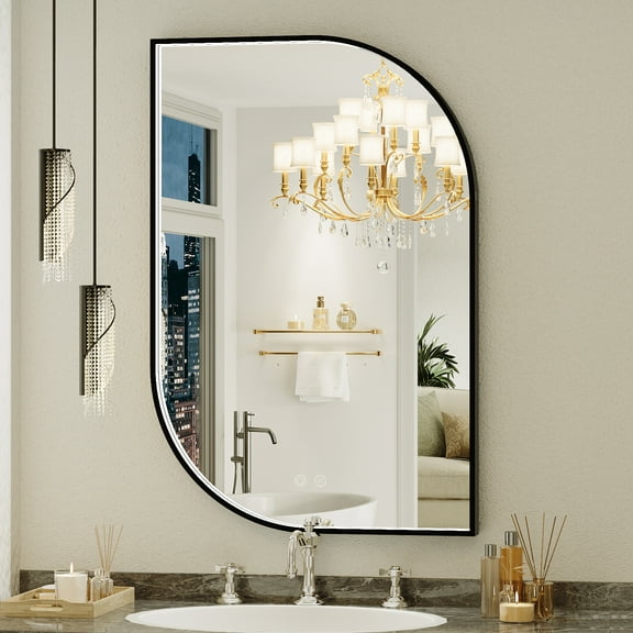 FTOTI 24x32 inch LED Bathroom Mirror with Lights - Black Metal Frame,Irregular Shape, Anti-Fog, Dimmable, Wall Mounted,for Vanity & Makeup