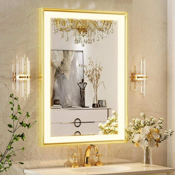 FTOTI 24x32 Inch Black LED Bathroom Mirror - Anti-Fog, Dimmable Touch, 4000K Natural Light, Wall Mounted Vanity Mirror,Gold