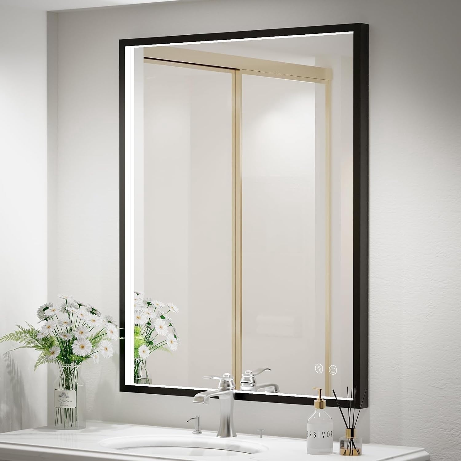 FTOTI 24x32 inch Black LED Bathroom Mirror with Lights - Anti-Fog ...