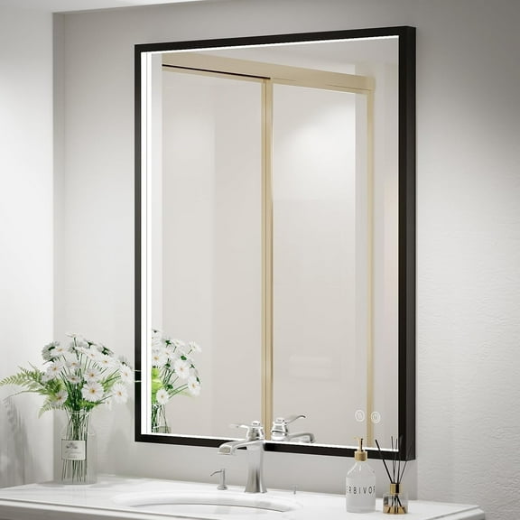 FTOTI 24x32 inch Black LED Bathroom Mirror with Lights - Anti-Fog, Dimmable, Lighted Wall Mounted,Memory Function