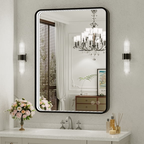 FTOTI 24x36 inch Arched LED Bathroom Mirror - Black Frame, Anti-Fog ...