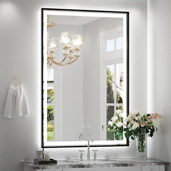 FTOTI 24x36 inch LED Bathroom Mirror with Lights,Front and Backlit Black Metal Frame Mirror,Wall Mounted Lighted Vanity Mirrors,Double Lights Strips,Anti Fog Stepless Dimmable