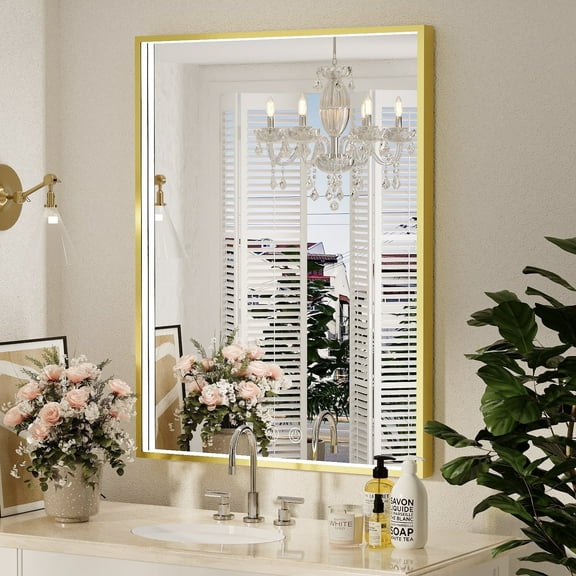 FTOTI 24x36 Inch Gold LED Bathroom Mirror with Lights - Anti-Fog, Dimmable, Lighted Wall Mounted Mirror,Memory Function