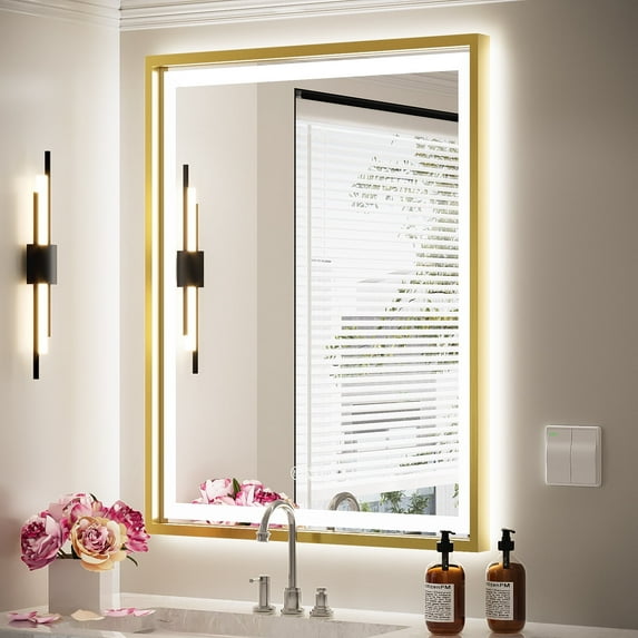 FTOTI 28x36 Inch Gold LED Bathroom Mirror With Lights - Frontlit & Backlit,Anti Fog, Wall Mounted Bathroom LED Mirrors,3 Colors Temperature,Dimmable