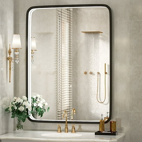 FTOTI 28x36 Inch LED Bathroom Mirror with Light - Anti-Fog, Dimmable, Touch Switch, Black Metal Frame, Wall Mounted Vanity Mirror (Housewarming Gift)
