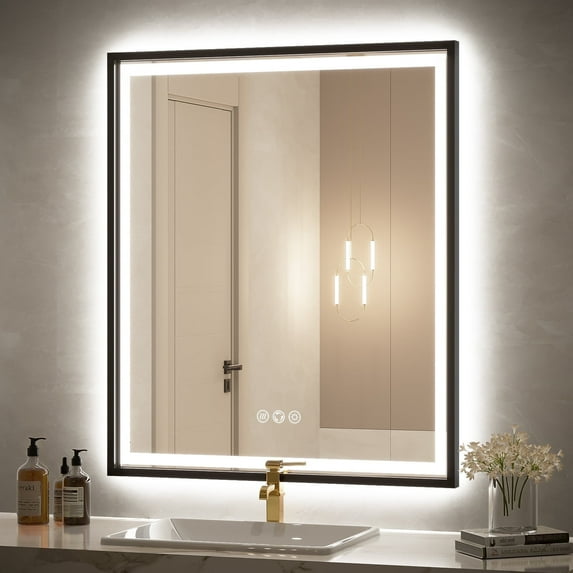 FTOTI 30X36 Inch Black LED Bathroom Mirror With Lights - Frontlit & Backlit,Anti Fog, Wall Mounted Bathroom LED Mirrors,3 Colors Temperature,Dimmable