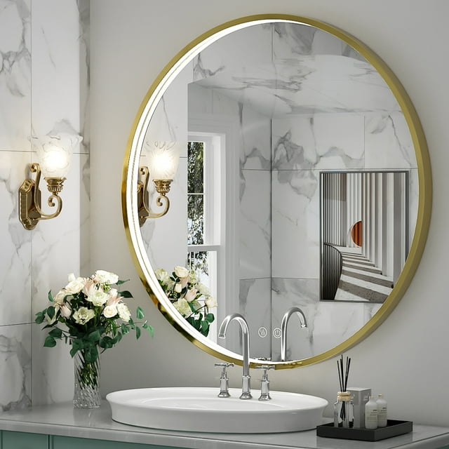 FTOTI 36 Inch Round LED Bathroom Mirror,Gold Metal Frame Bathroom ...