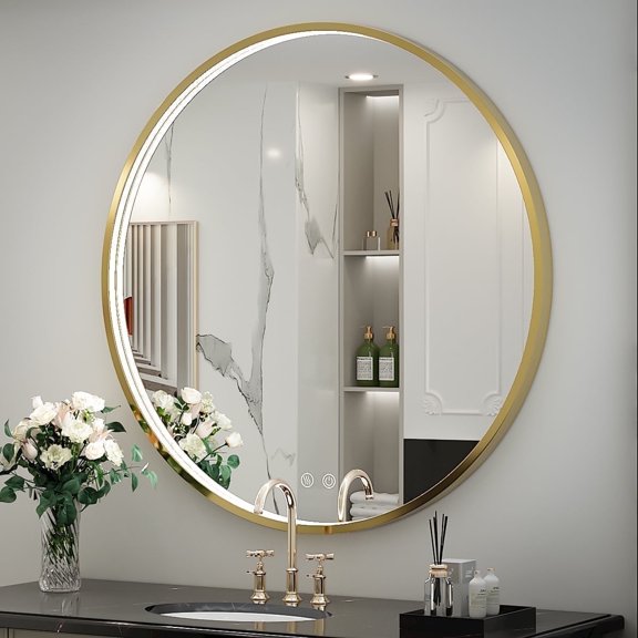 FTOTI 40 inch Round LED Bathroom Mirror - Gold Metal Frame,Anti-Fog, Memory Function,Dimmable,Wall Mounted Vanity Mirror