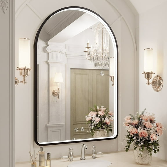 FTOTI 40x30 inch Arched LED Bathroom Mirror - Black Metal Frame, Anti-Fog, Dimmable, Wall Mounted,Memory Function Vanity Mirror with Lights