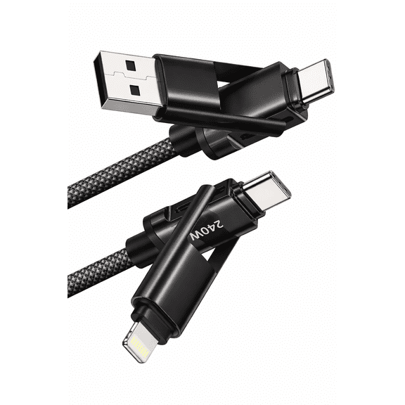 FTS 4-in-1 USB Charging Cable with Wattage Display, 240W Fast Charge Flat Nylon Braided Multi Device Cord, USB-C/USB-A to USB-C/Lightning, 6.6FT Black