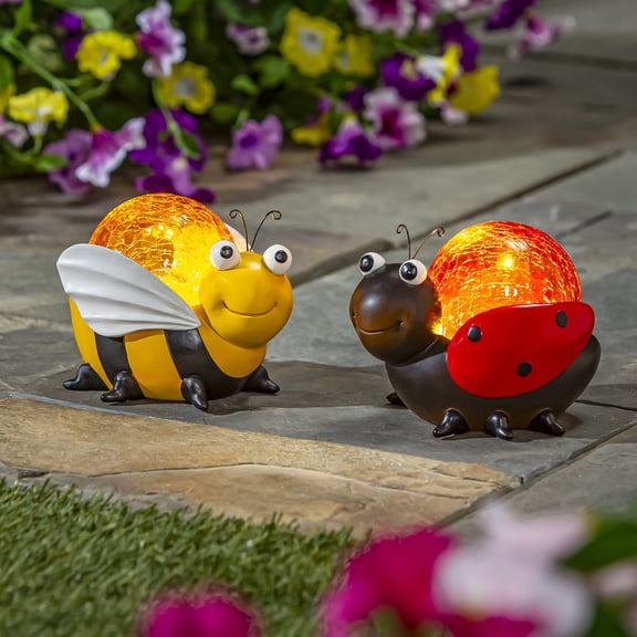 Pollinator Garden Statue, LED Resin Ladybug & Bee With Orb, 6"H