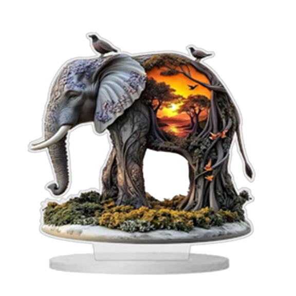 FTsdfkl 2D Acrylic Sunset Elephant Ornament, African Wildlife Elephant Figurine with Forest Sunset Pattern, Cute Animal Tabletop Decor for Home Shelf, Desktop Decoration
