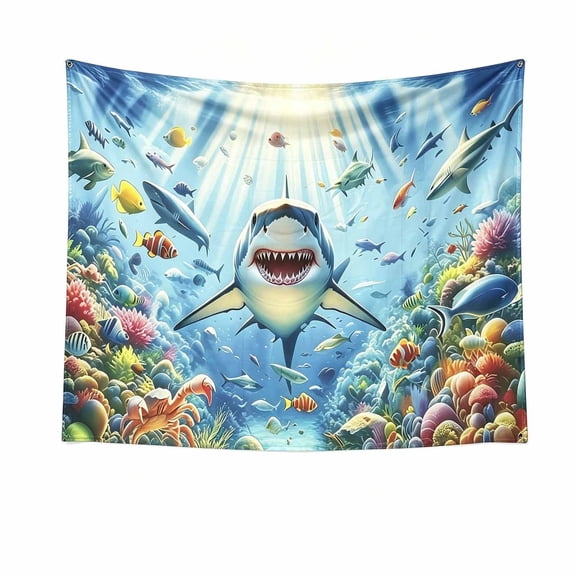 FTsdfkl 70.8x43.3 Inch Under Sea Shark Backdrop Banner, Waterproof Photo Background for Kids Ocean Birthday Party