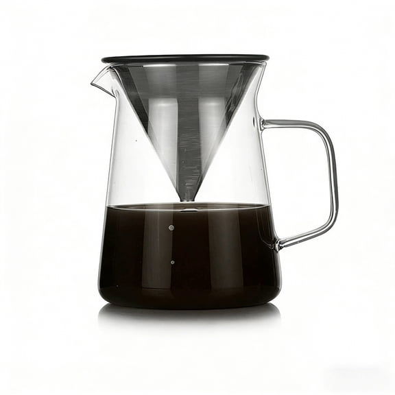 FU NENG Pour-Over Coffee Pot, Glass Coffee Sharing Pot, Features Dual-Layer Fine Filter, Lead-Free Heat-Resistant Material, with Large Straight Handle