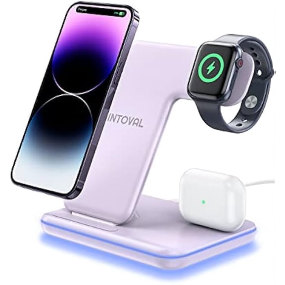 FU1999 Charging Station for Apple iPhone/iWatch/Airpods, 3 in 1 Wireless Charger for iPhone15/14/13(Pro, Pro Max)12/11/XS/XR, iWatch9/8/Ultra/7/6/SE/5/4/3/2, Airpods Pro2/Pro1/3/2/1 (Z5,Lilac Purple)