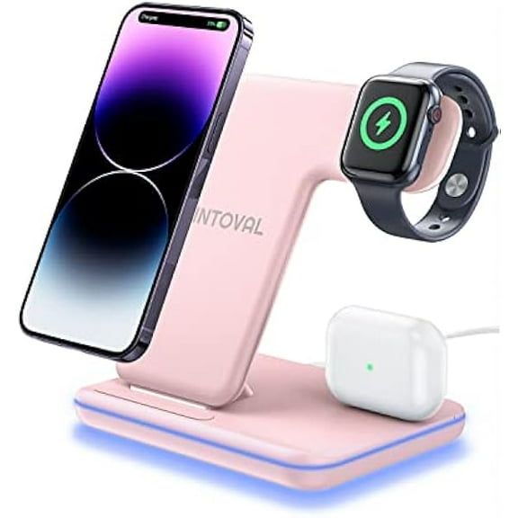 FU1999 Charging Station for Apple iPhone/iWatch/Airpods, 3 in 1 Wireless Charger for iPhone15/14/13(Pro, Pro Max) 12/11/XS/XR, iWatch9/8/Ultra/7/6/SE/5/4/3/2, Airpods Pro2/Pro1/3/2/1 (Z5,Power Pink)