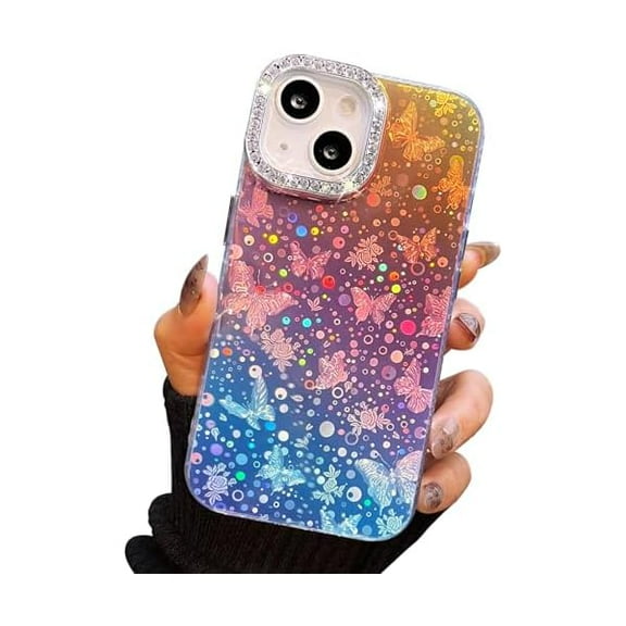FU1999 Compact Case for iPhone 14 Plus Butterfly Design,3D Diamond Camera Lens Protection Frame,Cute Soft Slim TPU Shockproof Protective Phone Cases Cover for Women Girls Gradient Iridescent