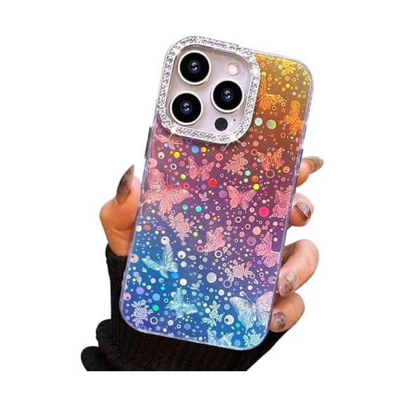 FU1999 Compact Case for iPhone 14 Pro Max Butterfly Design,3D Diamond Camera Lens Protection Frame,Cute Soft Slim TPU Shockproof Protective Phone Cases Cover for Women Girls Gradient Iridescent