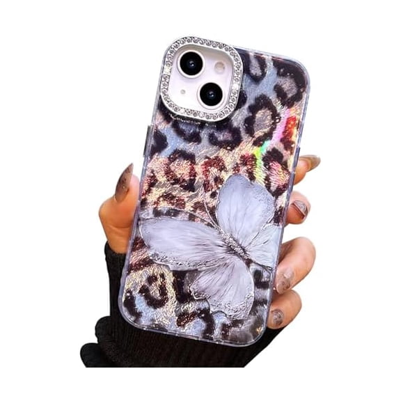 FU1999 Compact Case for iPhone 15 Butterfly Design,3D Diamond Camera Lens Protection Frame,Cute Soft Slim TPU Shockproof Protective Phone Cases Cover for Women Leopard Print Grey