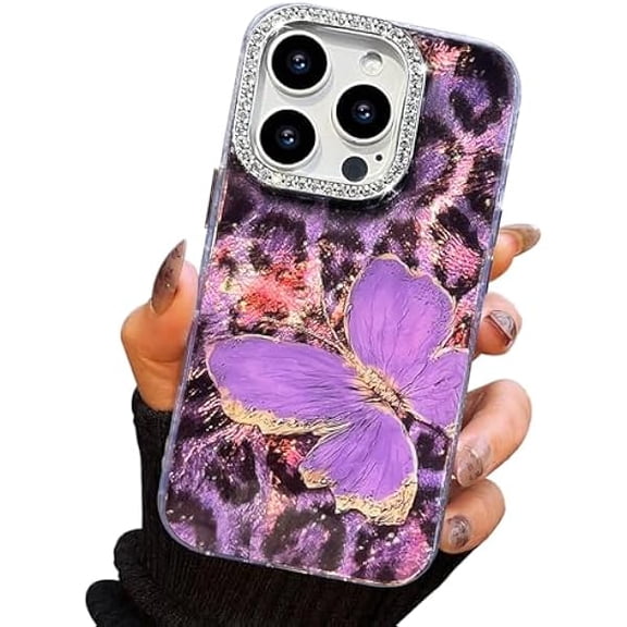 FU1999 Compact Case for iPhone 15 Pro Butterfly Design,3D Diamond Camera Lens Protection Frame,Cute Soft Slim TPU Shockproof Protective Phone Cases Cover for Women Leopard Print Lilac