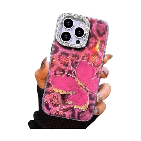 FU1999 Compact Case for iPhone 15 Pro Butterfly Design,3D Diamond Camera Lens Protection Frame,Cute Soft Slim TPU Shockproof Protective Phone Cases Cover for Women Leopard Print Burgundy