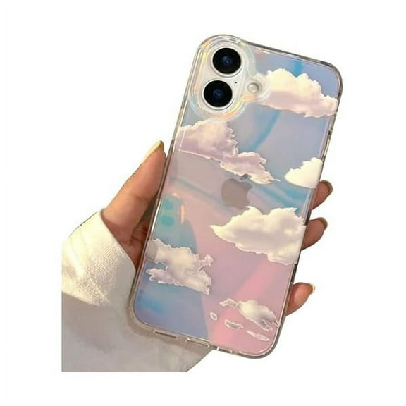 FU1999 Compact Case for iPhone 16 Holographic Cloud Design,Cute Trendy Soft Slim TPU Shockproof Protective Phone Cases Cover for Women Girls Aesthetic Glitter