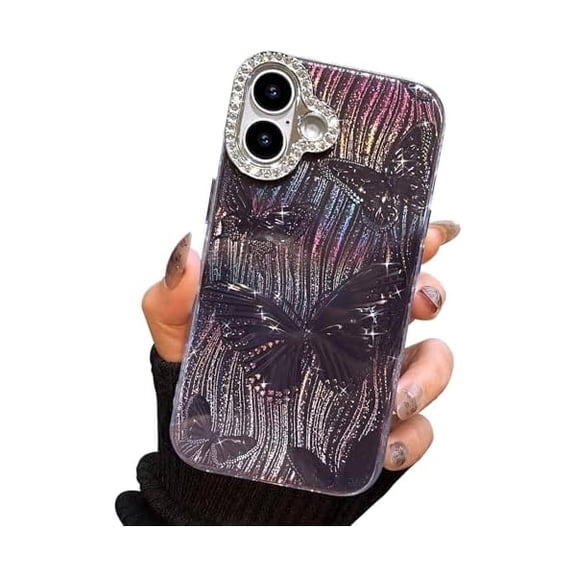 FU1999 Compact Case for iPhone 16 Plus Butterfly Design,3D Diamond Camera Lens Protection Frame,Cute Soft Slim TPU Shockproof Protective Phone Cases Cover for Women Girls Aesthetic Black