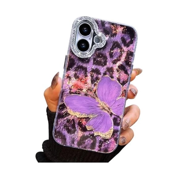 FU1999 Compact Case for iPhone 16 Plus Butterfly Design,3D Diamond Camera Lens Protection Frame,Cute Soft Slim TPU Shockproof Protective Phone Cases Cover for Women Leopard Print Lilac