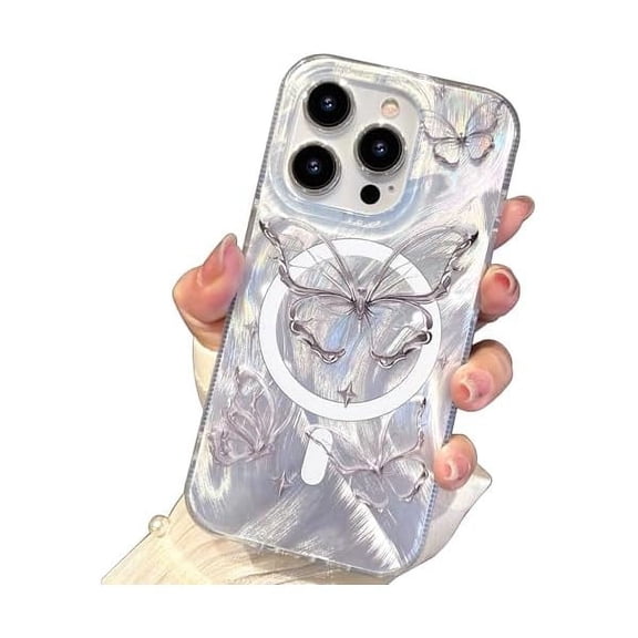 FU1999 Compact Case for iPhone 16 Pro Shiny Silver Butterfly Design,[Compatible with Magsafe] Cute Soft Slim Shockproof Protective Phone Cases Women Girls Aesthetic Glitter