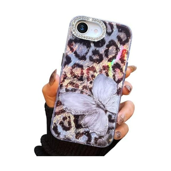 FU1999 Compact Case for iPhone 16 e Butterfly Design,3D Diamond Camera Lens Protection Frame,Cute Soft Slim TPU Shockproof Protective Phone Cases Cover for Women Leopard Print Grey