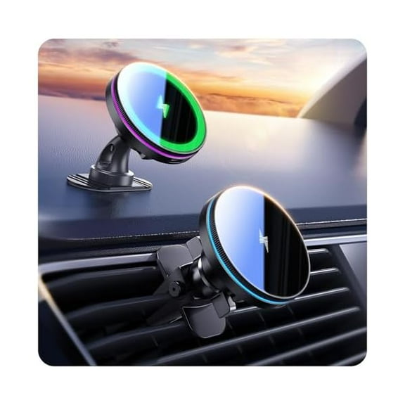 FU1999 for MagSafe Car Mount Charger, (4.13 lbf) Large Magnetic, 15W Qi Wireless Charger for Car, Vent/Dashboard, Phone Holder for iPhone 16/15/14/13/12 Series, 7 Color Lights, Aluminium, Deep Black