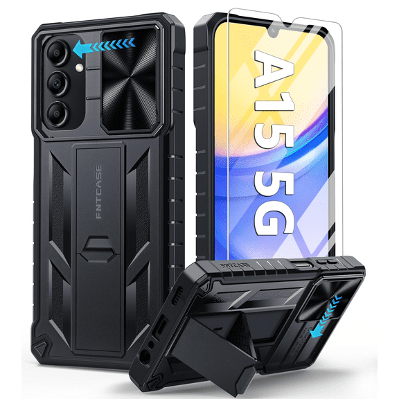 FU1999 for Samsung Galaxy A15-5G Case: Protective Shockproof Rugged Military Grade Drop Protection A15 Cell Phone Mobile Cover with Kickstand | TPU Matte Textured Tough Hybrid Hard Cases - Black