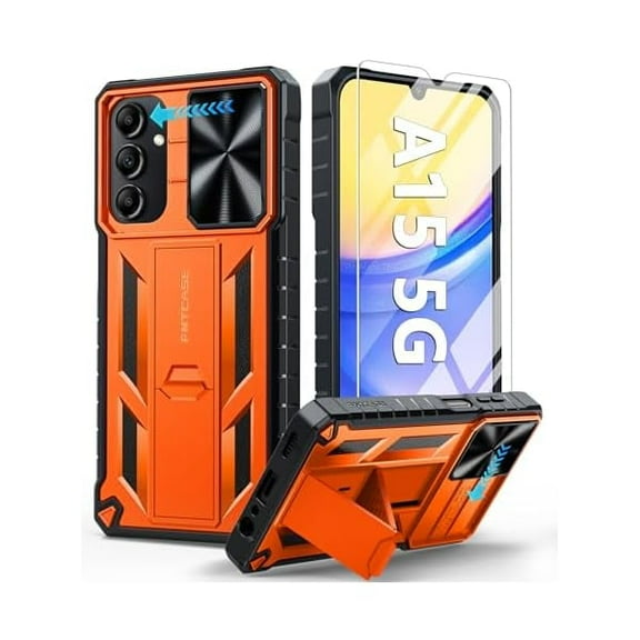 FU1999 for Samsung Galaxy A15-5G Case: Protective Shockproof Rugged Military Grade Drop Protection A15 Cell Phone Mobile Cover with Kickstand | TPU Matte Textured Tough Hybrid Hard Cases - Orange