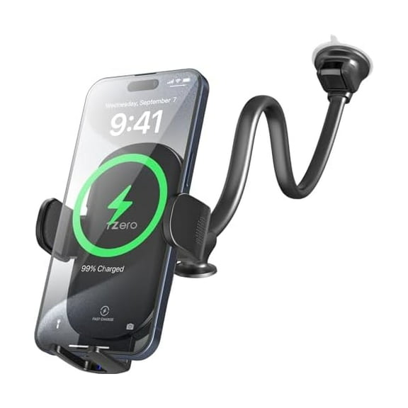 FU1999 Solid Car Truck Phone Mount Wireless Charger Holder with 14-Inch Gooseneck Long Arm for iPhone 15 Pro Max Plus 14 13 12 11 XS X Samsung S24 Ultra S23 S22 S22 S21 S20 Pixel 9 Pro XL 8 7 6 5 4