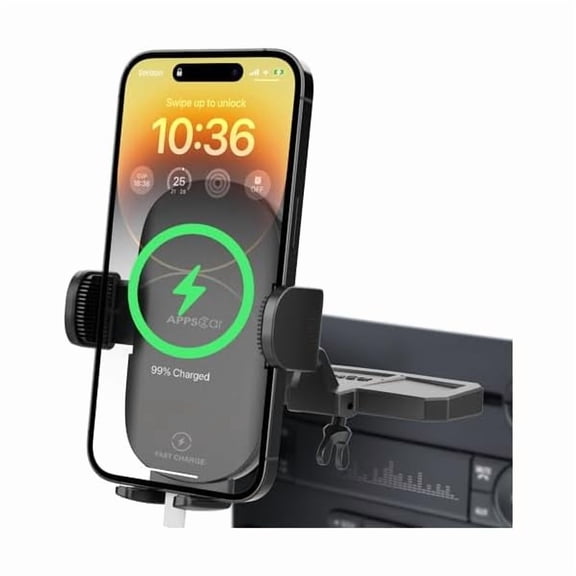 FU1999 Sturdy CD Slot Phone Mount Upgraded Wireless Charger 15W with One Hand Operation Design, Hands-Free Car Phone Holder Compatible with iPhone 16 Pro Max Plus 15 14 13 12 11 XS X