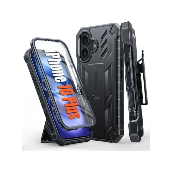 FU1999 for iPhone 16 Plus Case: Military Grade Rugged Cell Phone Cover with Kickstand & Holster | Shockproof TPU Protection Bumper Matte Textured Design for iPhone 16 Plus Cases 6.7 inch - Black