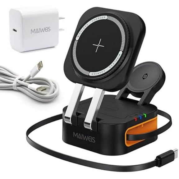 FU19993 in 1 Magnetic Wireless Charging Station, Foldable & Portable Phone/Watch Charger with Retractable Cable, Multi-Device Fast Charger for iPhone 16/Samsung S25/AirPods Pro/Galaxy(Black)