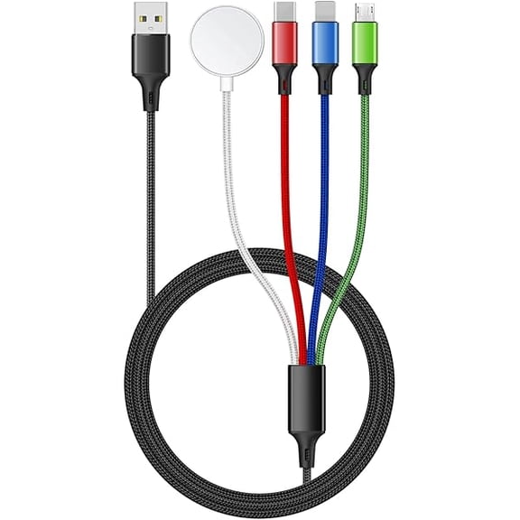 FU19995FT/1.5M Multi Charging Cable for Apple Watch Charger Travel Nylon Braided USB C Micro USB Compatible with iWatch Ultra/SE/10/9/8/7/6/5/4/3/iPhone 16 15 Pro Max/14/13/12/Galaxy Android