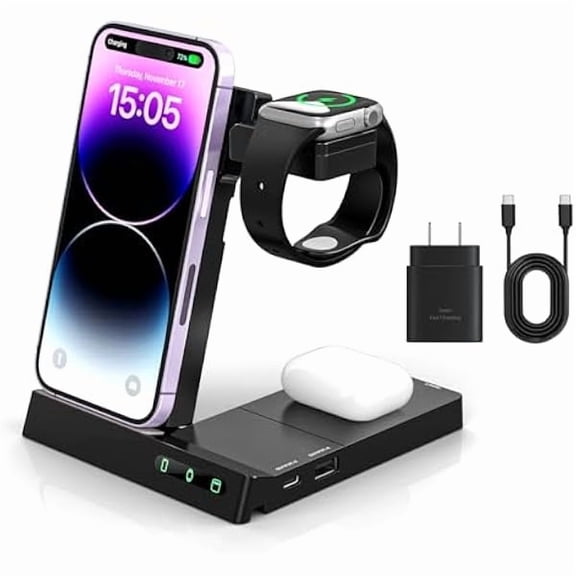 FU19996 in 1 Wireless Charger Charging Station,Folding Stand Dock for Samsung Galaxy & iPhone 15 14 13 12 11 X XR XS Pro Max 8 Plus SE for Samsung & Apple Watch and Earphones AirPods 2/3/Pro